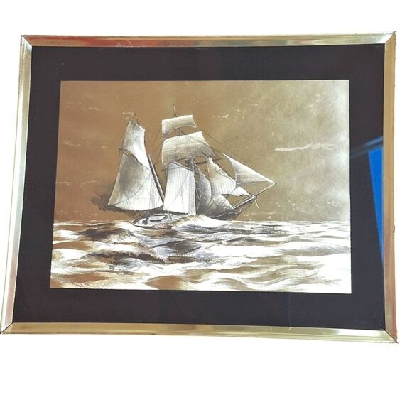 Vintage Dufex‎ Foil Art Prints Sailing Ships Framed Gold Black Pair 10 X 8 each - Picture 2 of 14